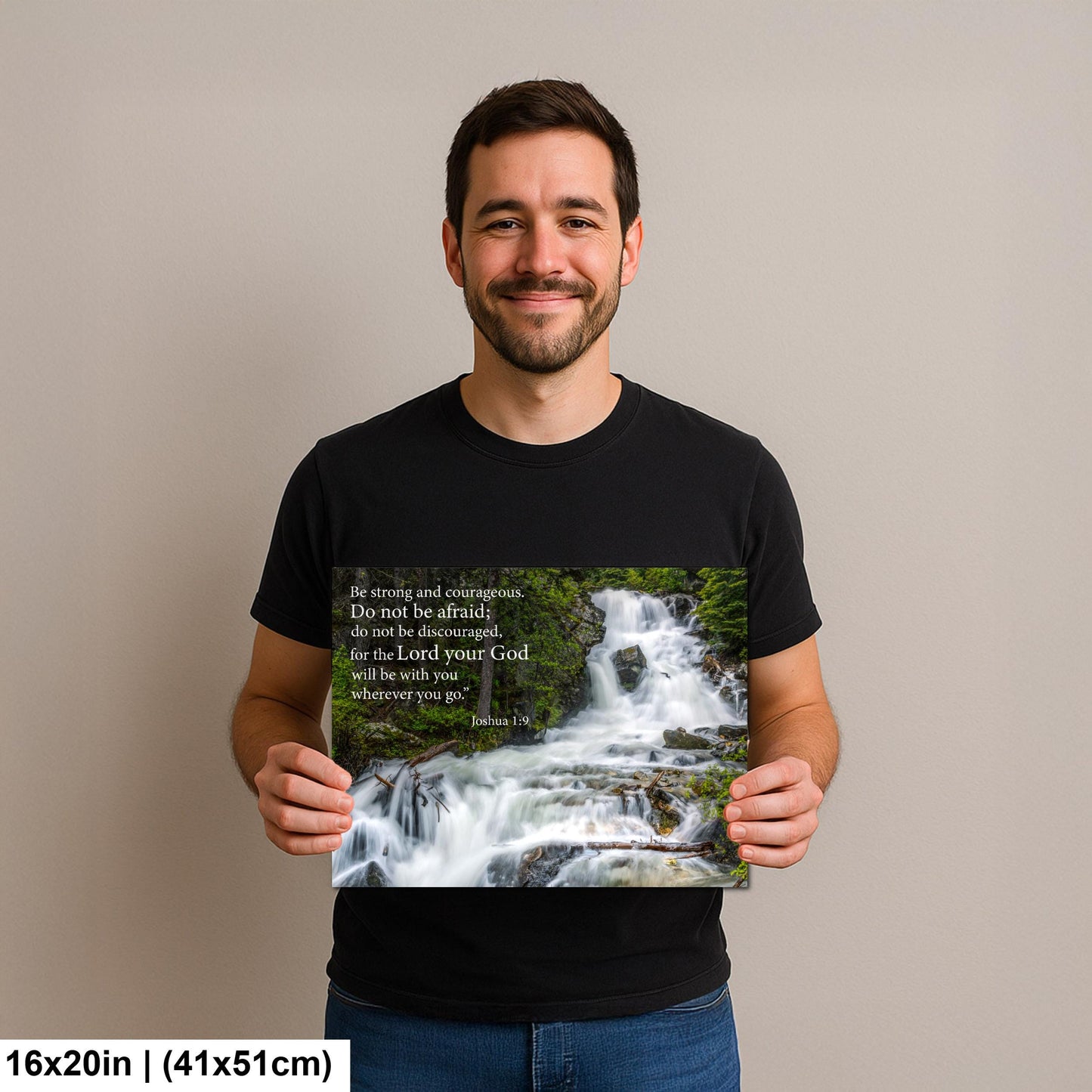 Joshua 1:9 Be Strong and Courageous, Waterfall Photography Print, Christian Scripture Wall Decor for Home or Office