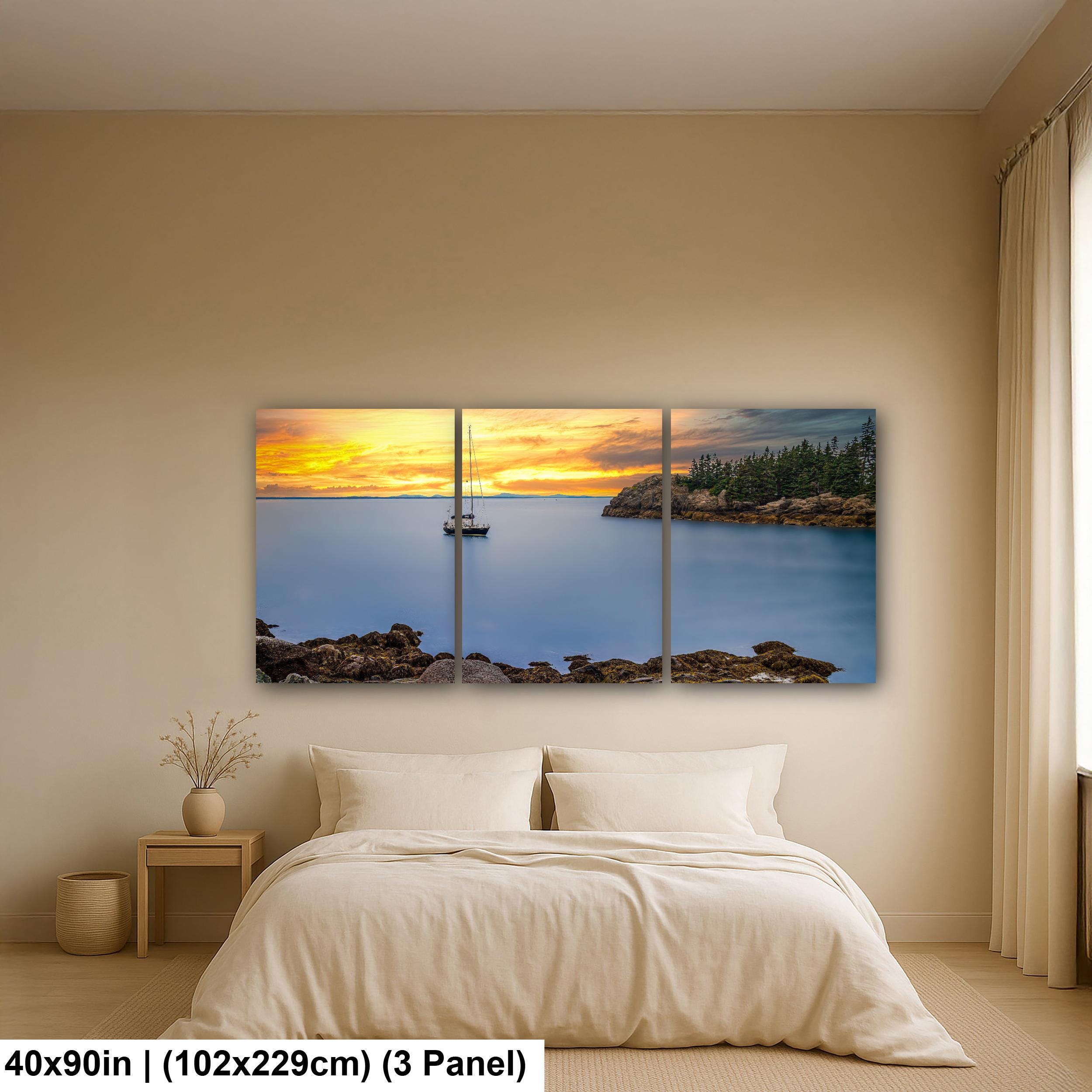 Peaceful Mooring: Sailboat Coastal Maine Harbor Sunset Photography Wall Art
