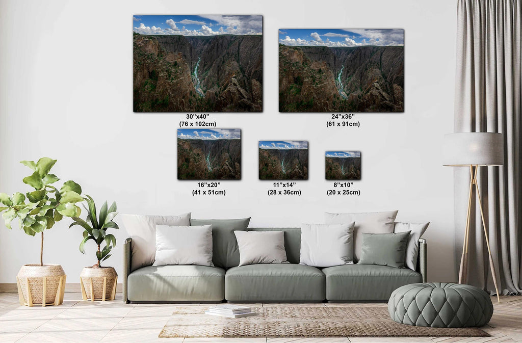 Living room with a sofa and decorative plants, featuring wall art prints of mountain landscapes.