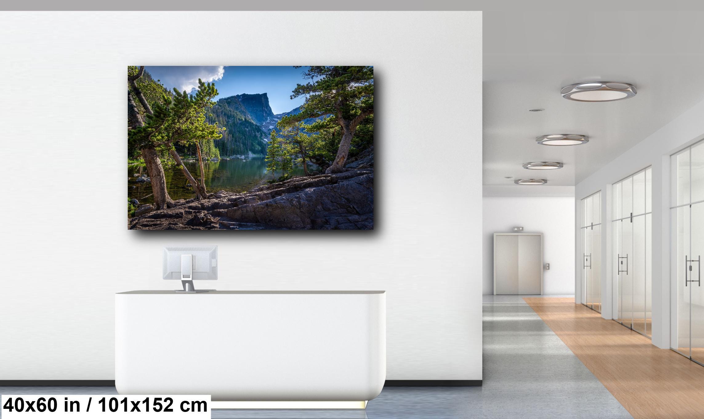 Large wall-mounted TV displaying a scenic landscape in an office setting