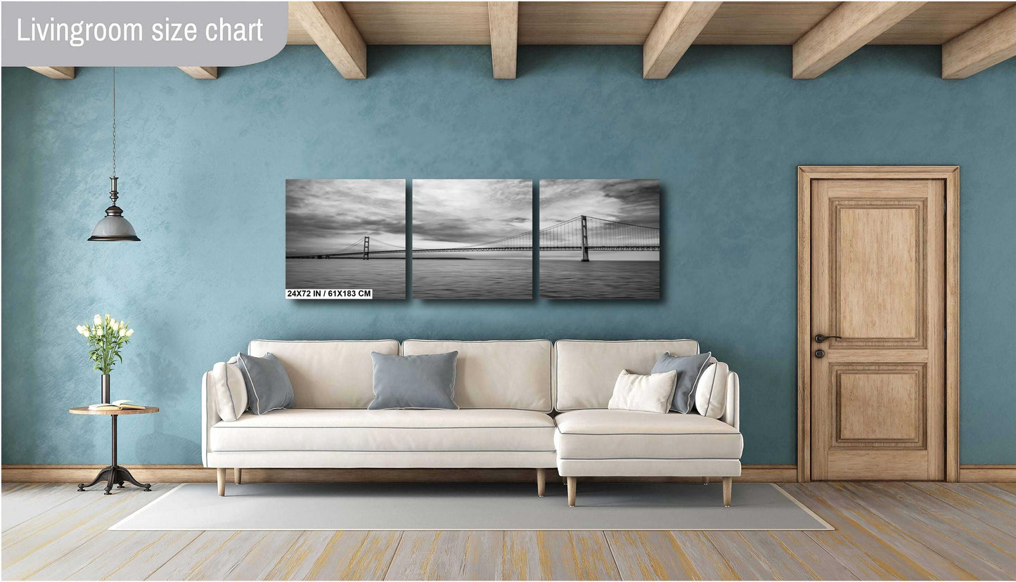 Black and white photo of the Mackinac Bridge crossing the Straits of Mackinac from Michigan's Upper to Lower Peninsulas.