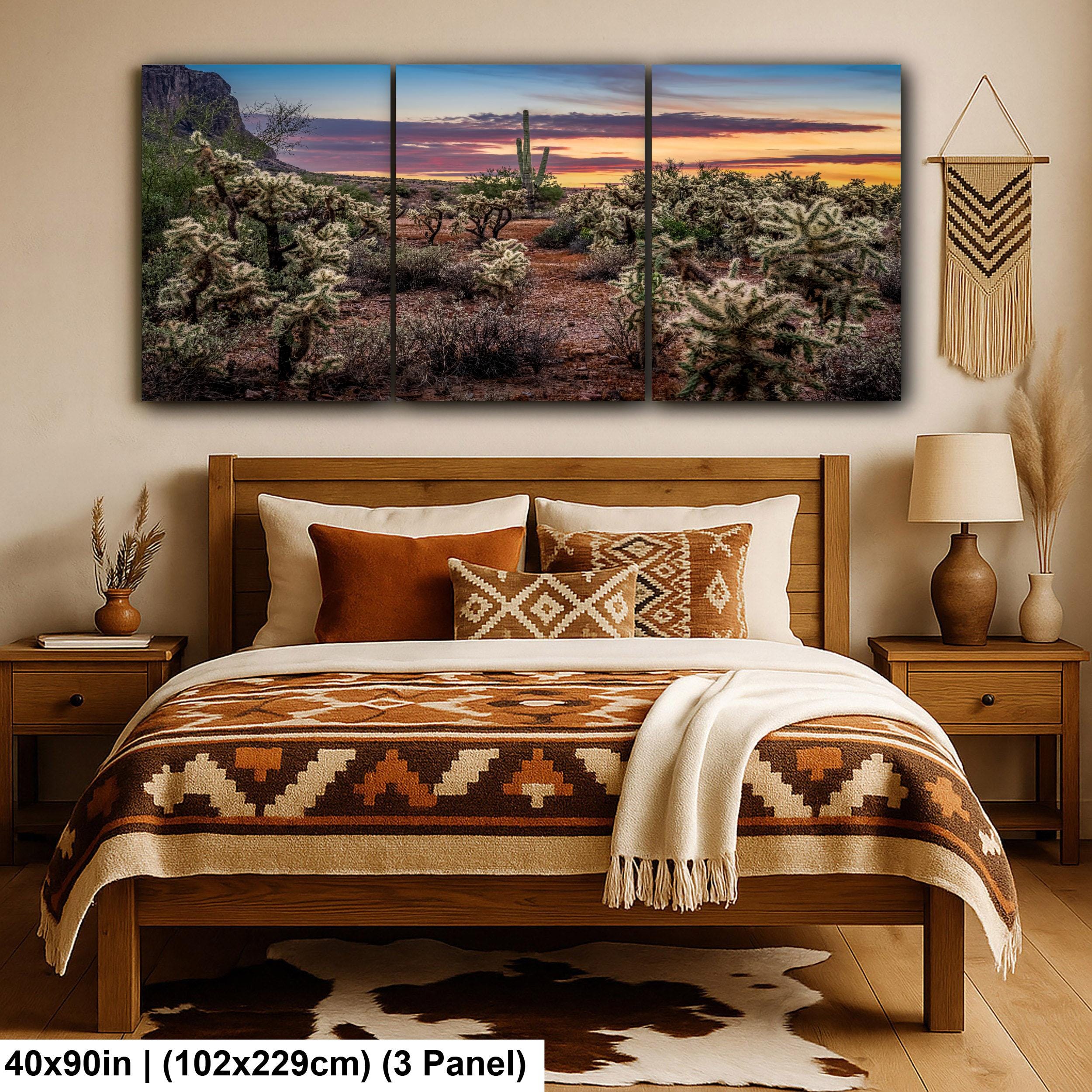 Desert Sunset Photograph, Cholla Cactus and Saguaros, Arizona Landscape Wall Art