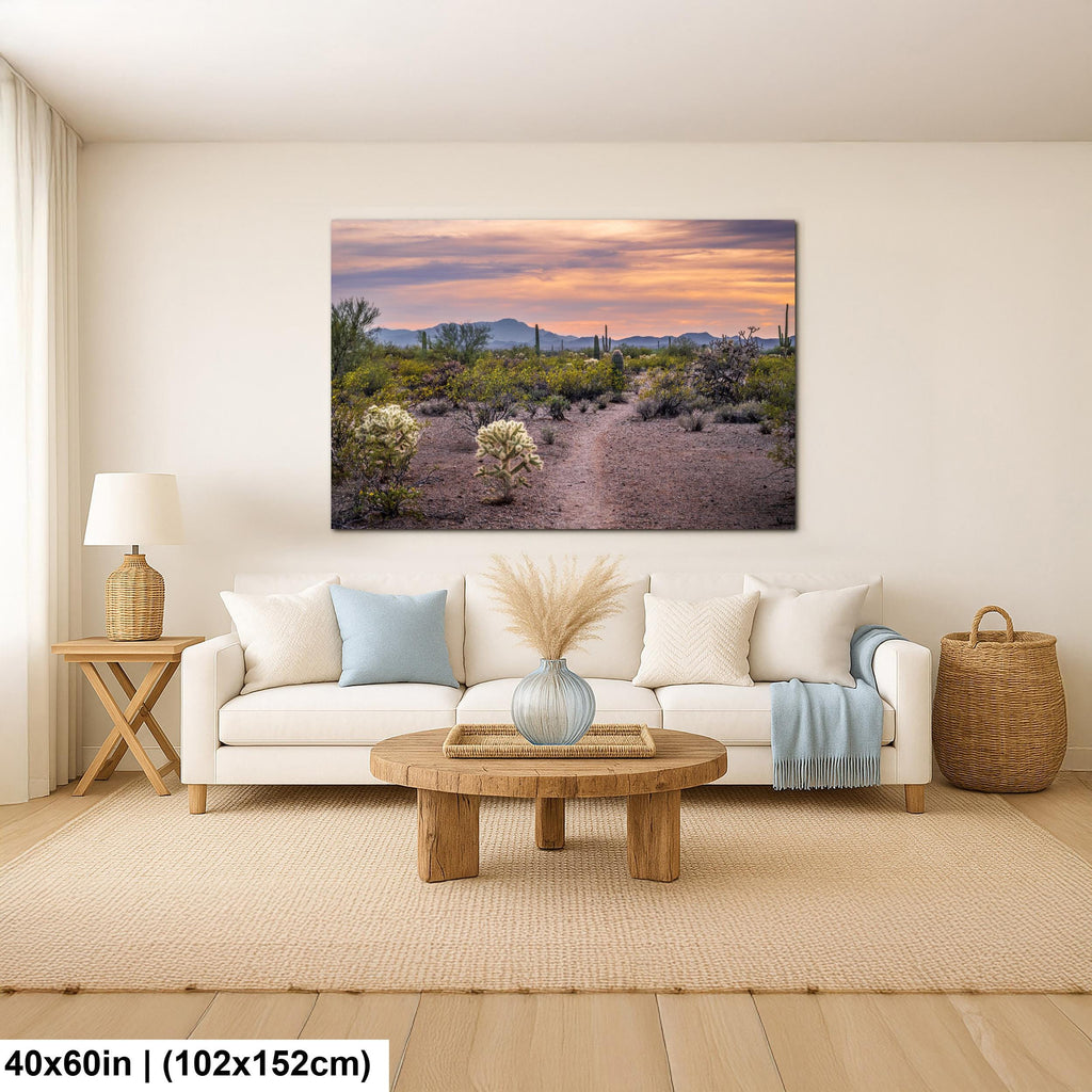 Spring Wildflowers and Saguaros at Sunset, Tucson Arizona Sonoran Desert Photography Print
