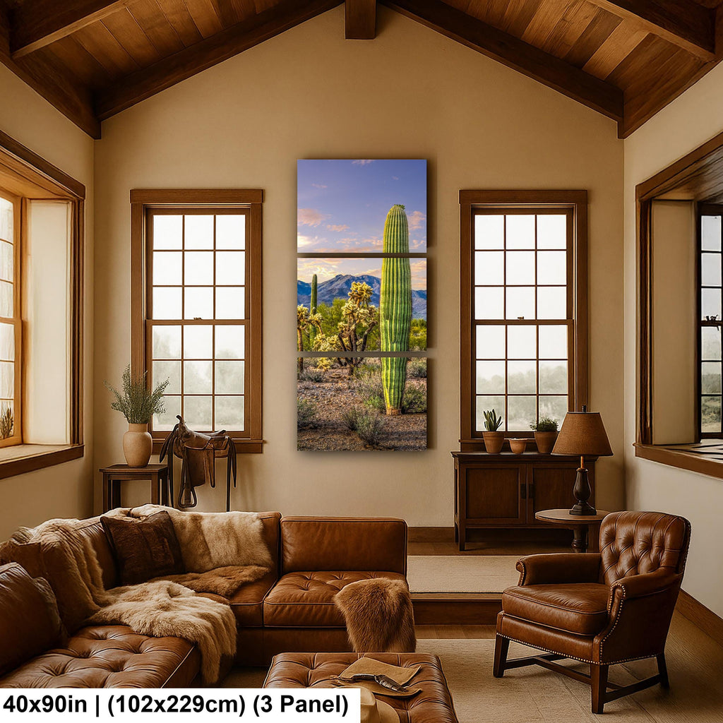 Golden Hour Saguaros and Cholla in Bloom Desert Photography Print, Tucson Arizona Southwest Wall Art Decor
