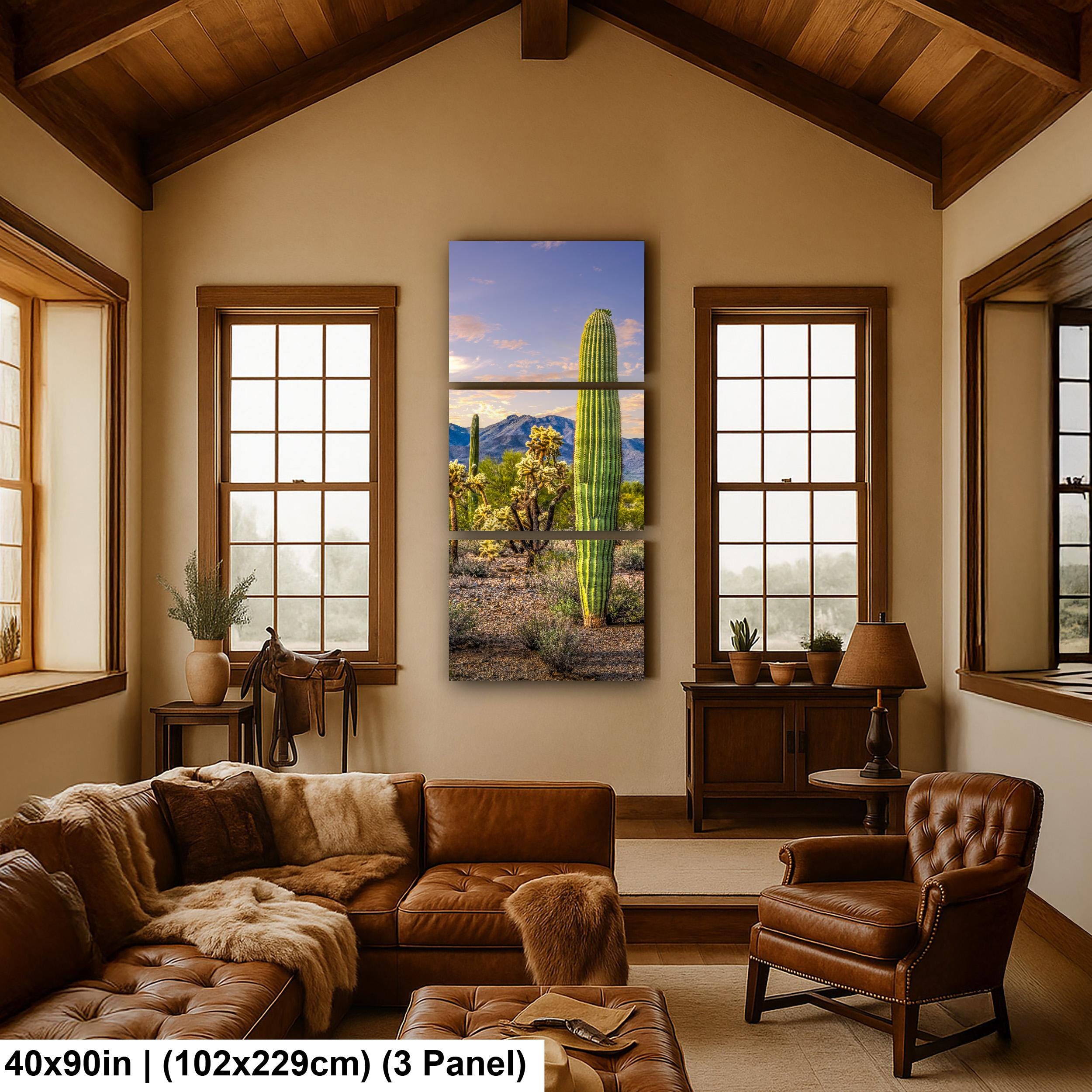 Golden Hour Saguaros and Cholla in Bloom Desert Photography Print, Tucson Arizona Southwest Wall Art Decor