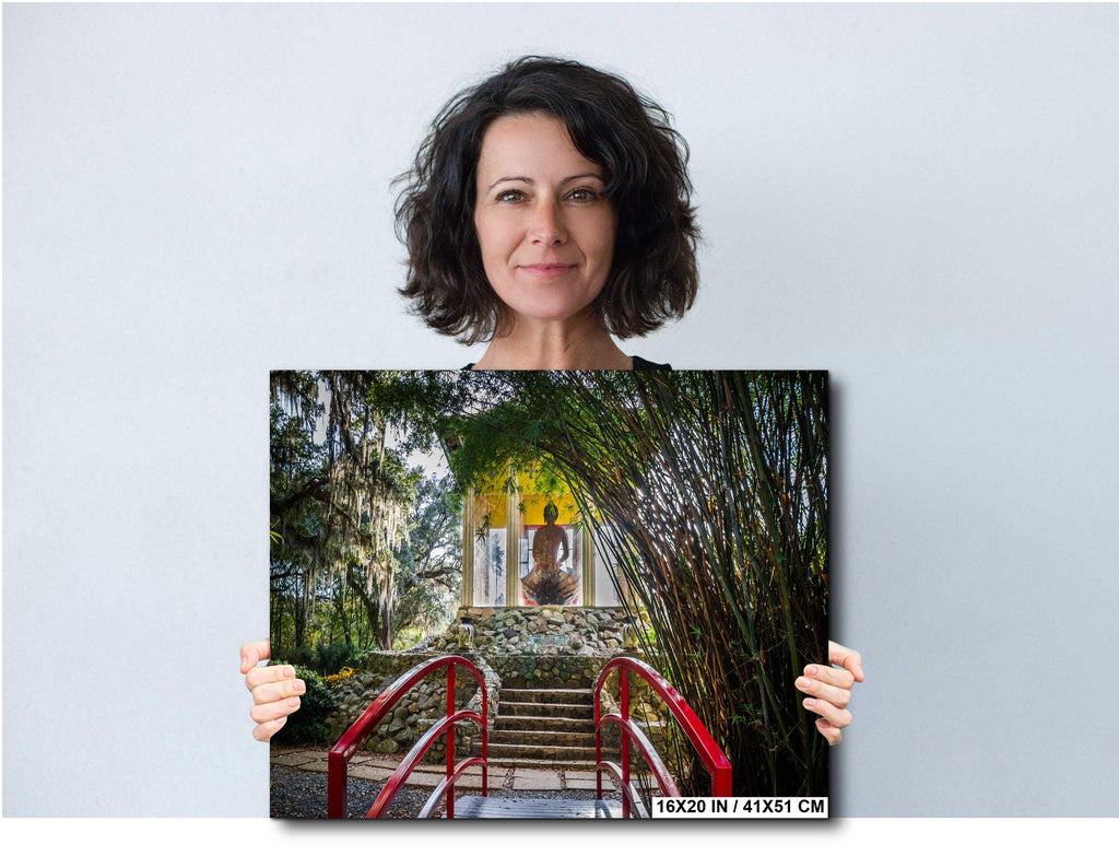 Avery Island Louisiana Buddha Garden Red Bridge Wall Art Photography Print, Jungle Gardens Shrine, Southern Landscape Aluminum/Metal/Canvas
