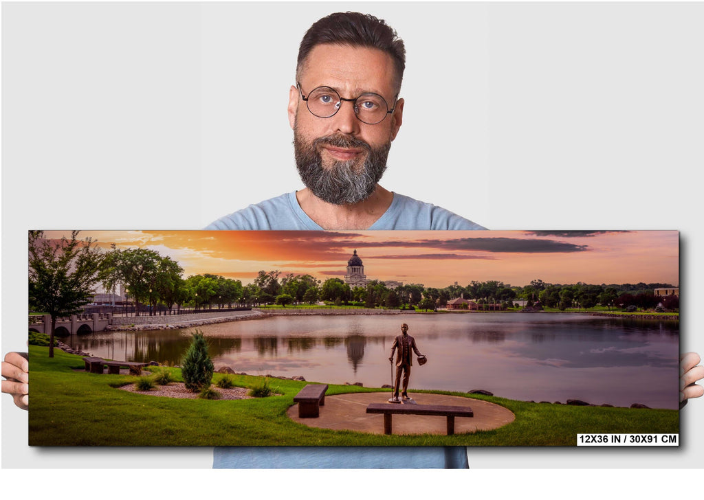 Capitol Lake Sunset: Pierre SD Bronze Statue Photography Wall Art
