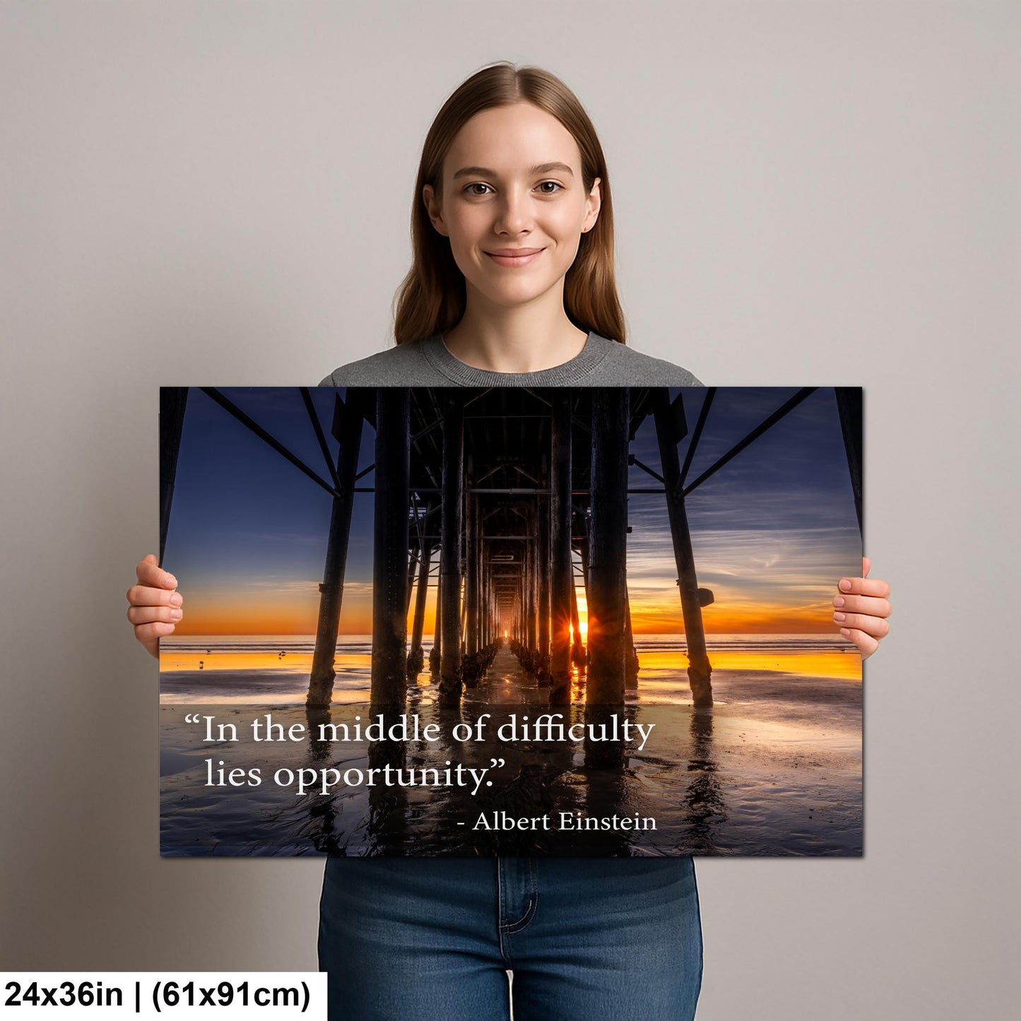 Albert Einstein Difficulty Opportunity Pier Sunset Motivational Photography Print