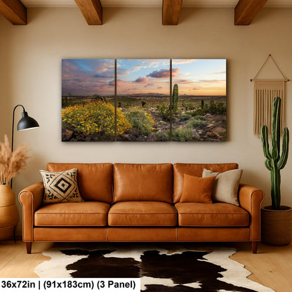 Arizona Sunset Overlook with Saguaros and Wildflowers - Casa Grande Sonoran Desert Photography Print