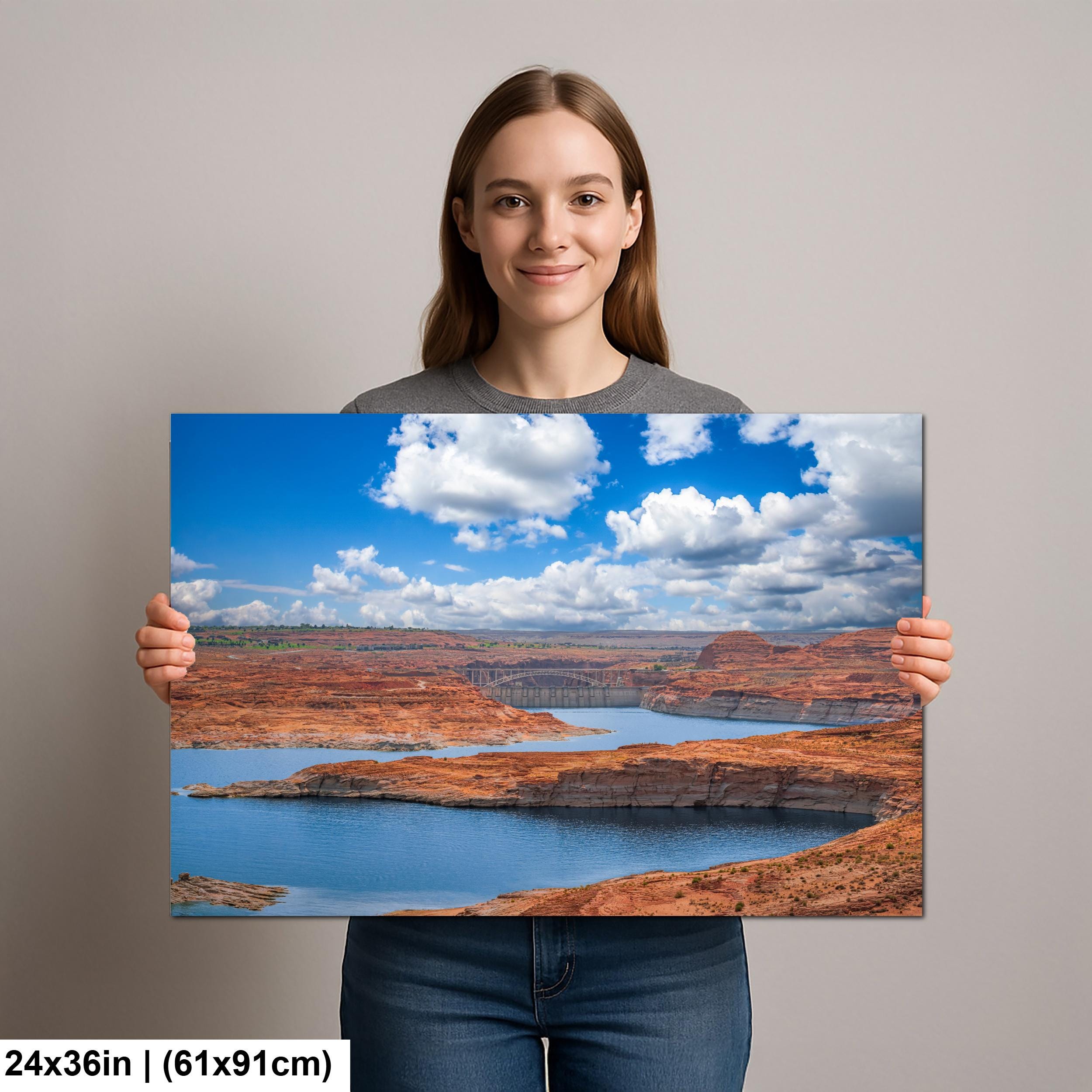 Glen Canyon Dam Over Lake Powell Photography Print, Page Arizona Wall Art, Southwest Landscape, Blue Water Red Rock Decor