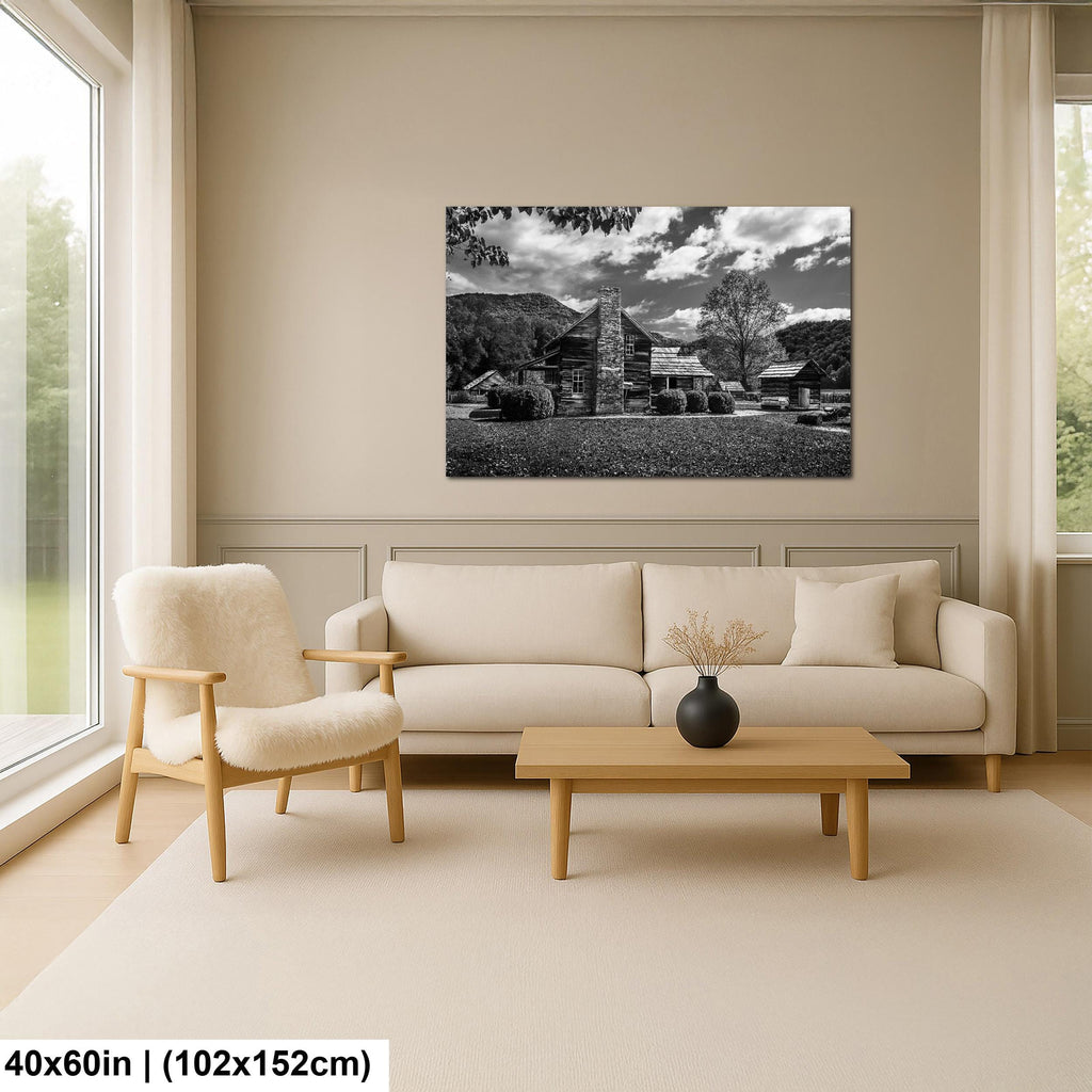 Appalachian Pioneer Homestead Black and White Photography Print, Great Smoky Mountains National Park Tennessee North Carolina