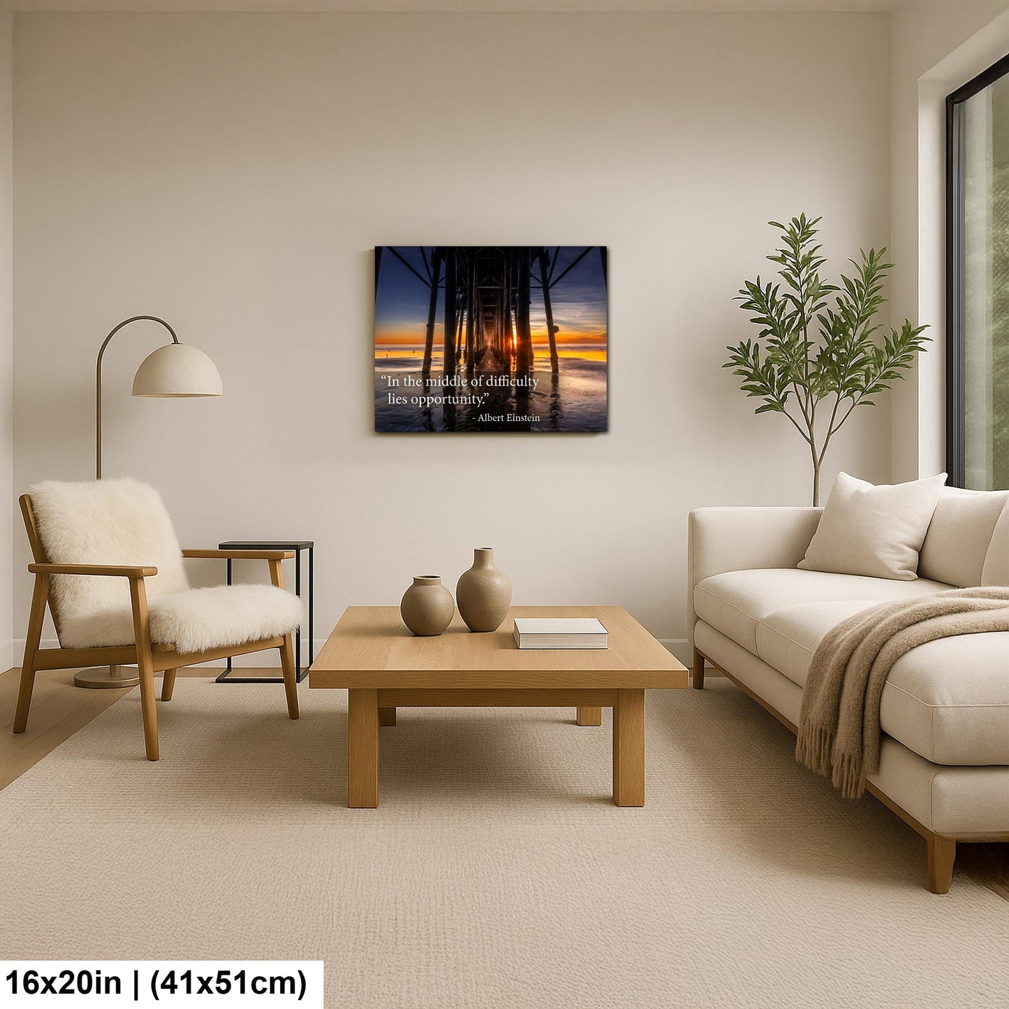 Albert Einstein Difficulty Opportunity Pier Sunset Motivational Photography Print