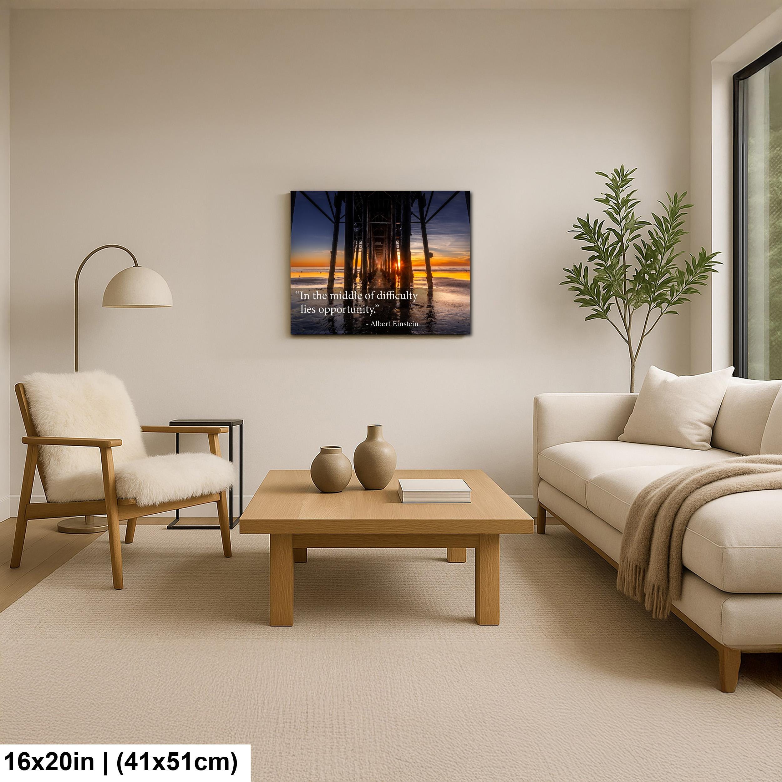 Albert Einstein Difficulty Opportunity Pier Sunset Motivational Photography Print