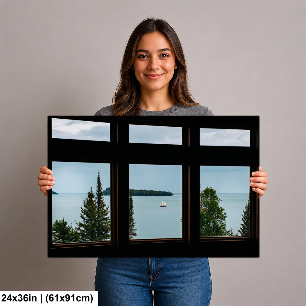 Sailboat on Lake Superior Through Rustic Windows, Grand Portage Minnesota Photography Print