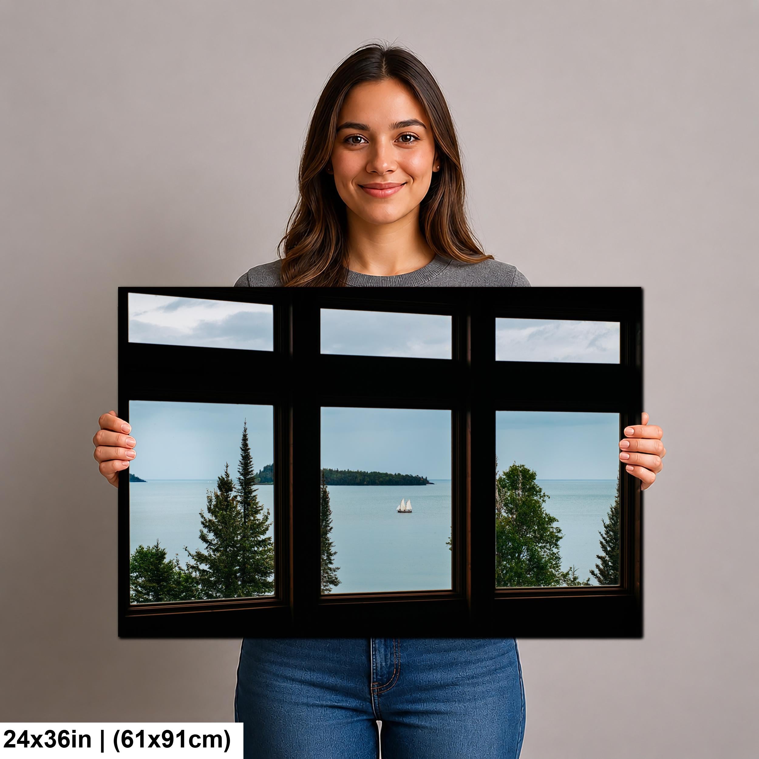 Sailboat on Lake Superior Through Rustic Windows, Grand Portage Minnesota Photography Print