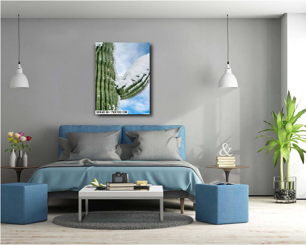 Snowy Saguaro Cactus Print: Arizona Desert Winter Wall Art