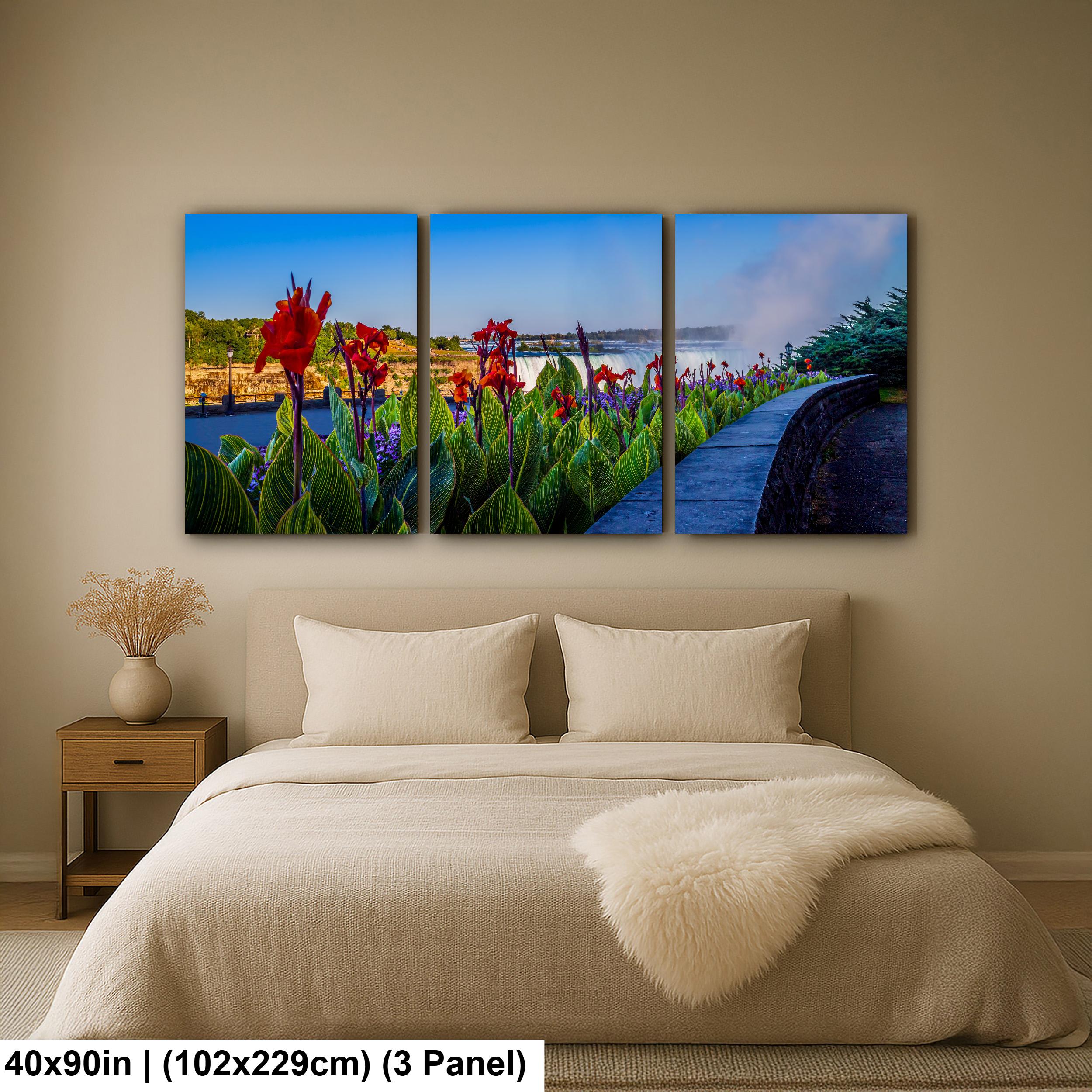 Niagara Falls Garden Overlook Photography Print, Ontario Canada Wall Art, Red Flowers Waterfall Decor