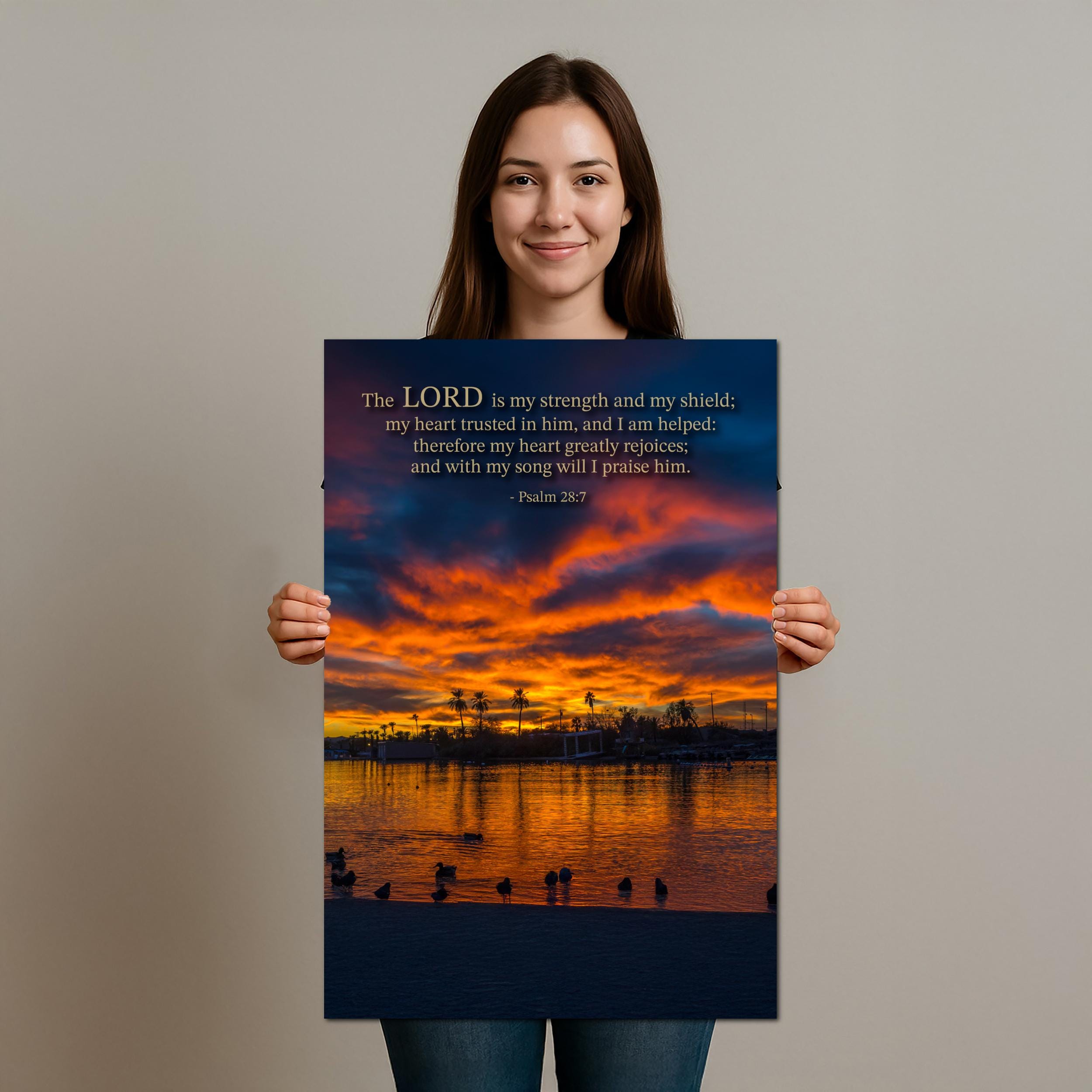 Christian Wall Art – Psalm 28:7 Bible Verse Print | Arizona Sunset Art Decor