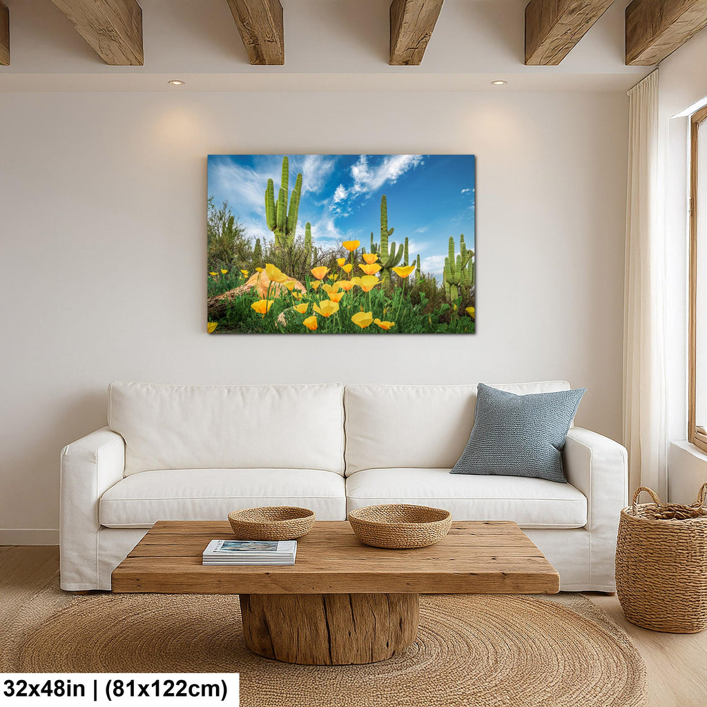 Sonoran Desert Yellow Poppies with Saguaros - Catalina State Park Tucson Arizona Photography Print