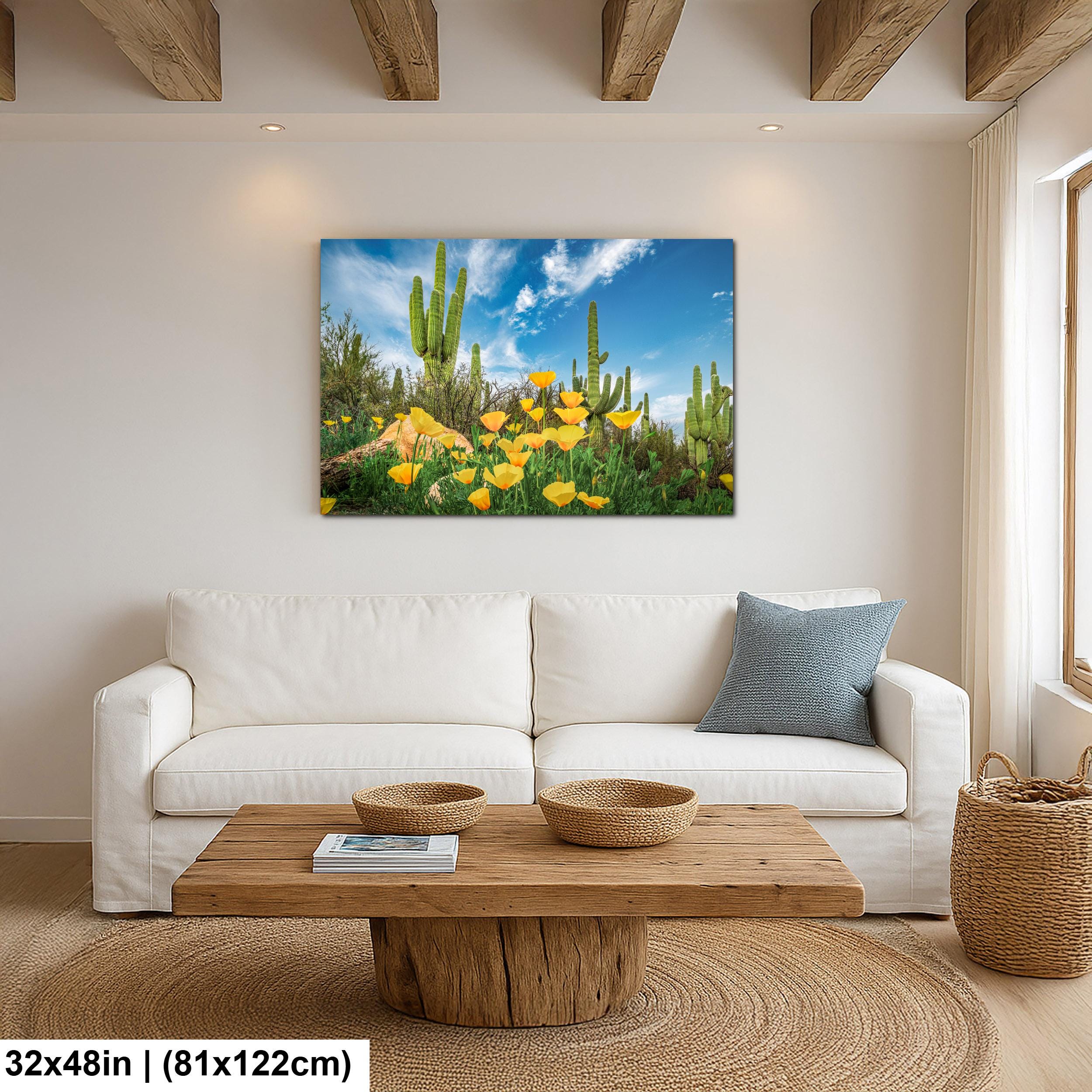Sonoran Desert Yellow Poppies with Saguaros - Catalina State Park Tucson Arizona Photography Print