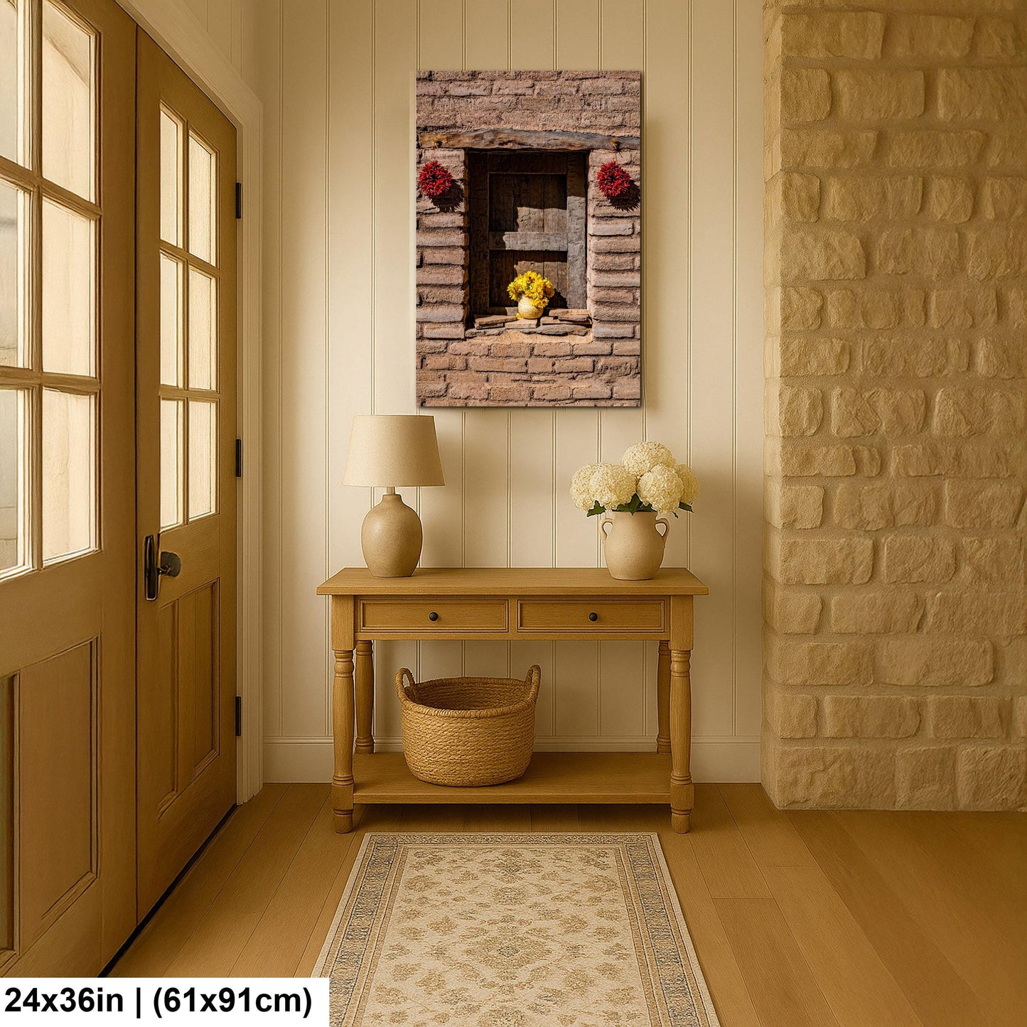 Adobe Wall with Flowers and Chili Ristras, Tucson Arizona, Photography Wall Art