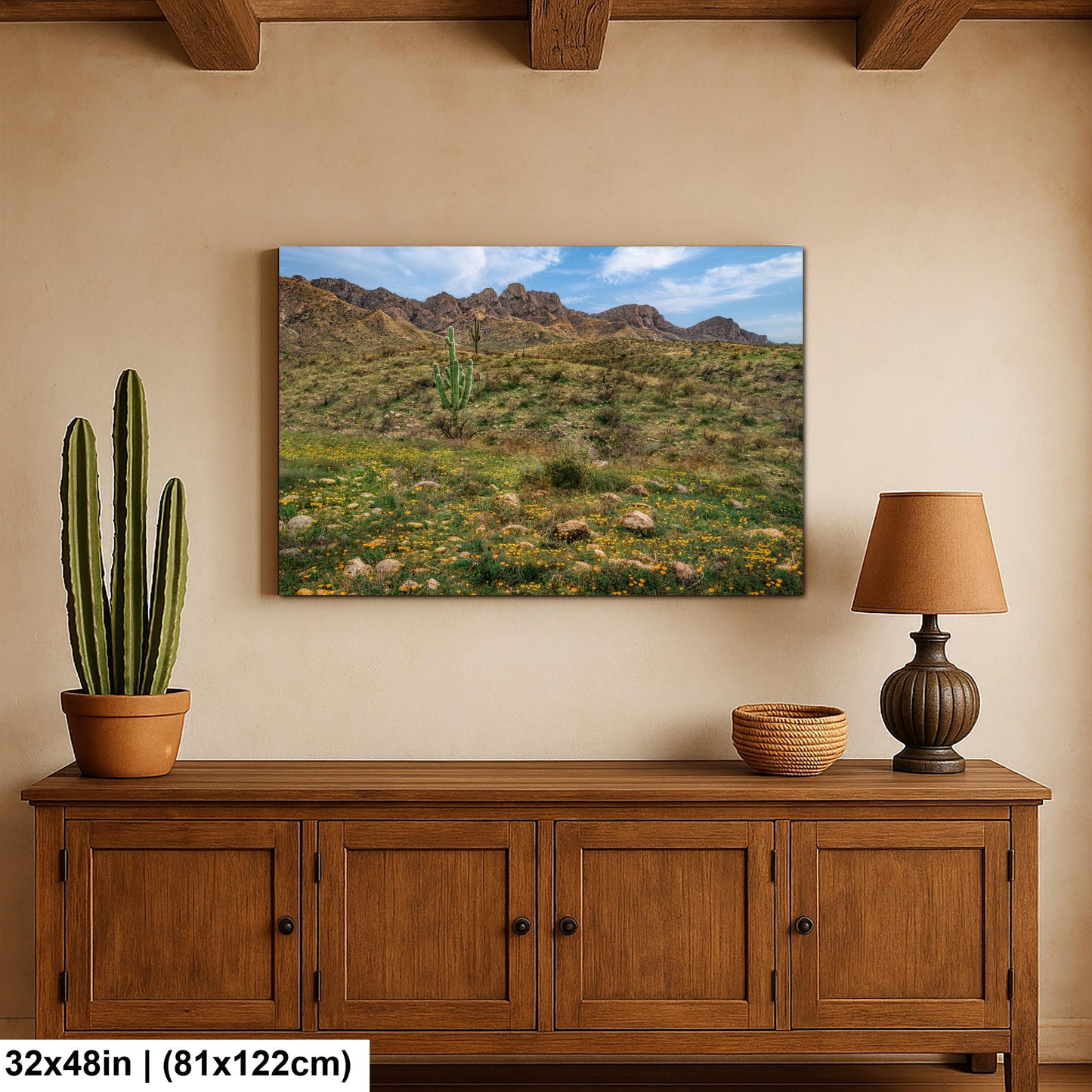Arizona Desert Spring Wildflowers, Saguaro Mountain Landscape Wall Art, Sonoran Nature Photography Print