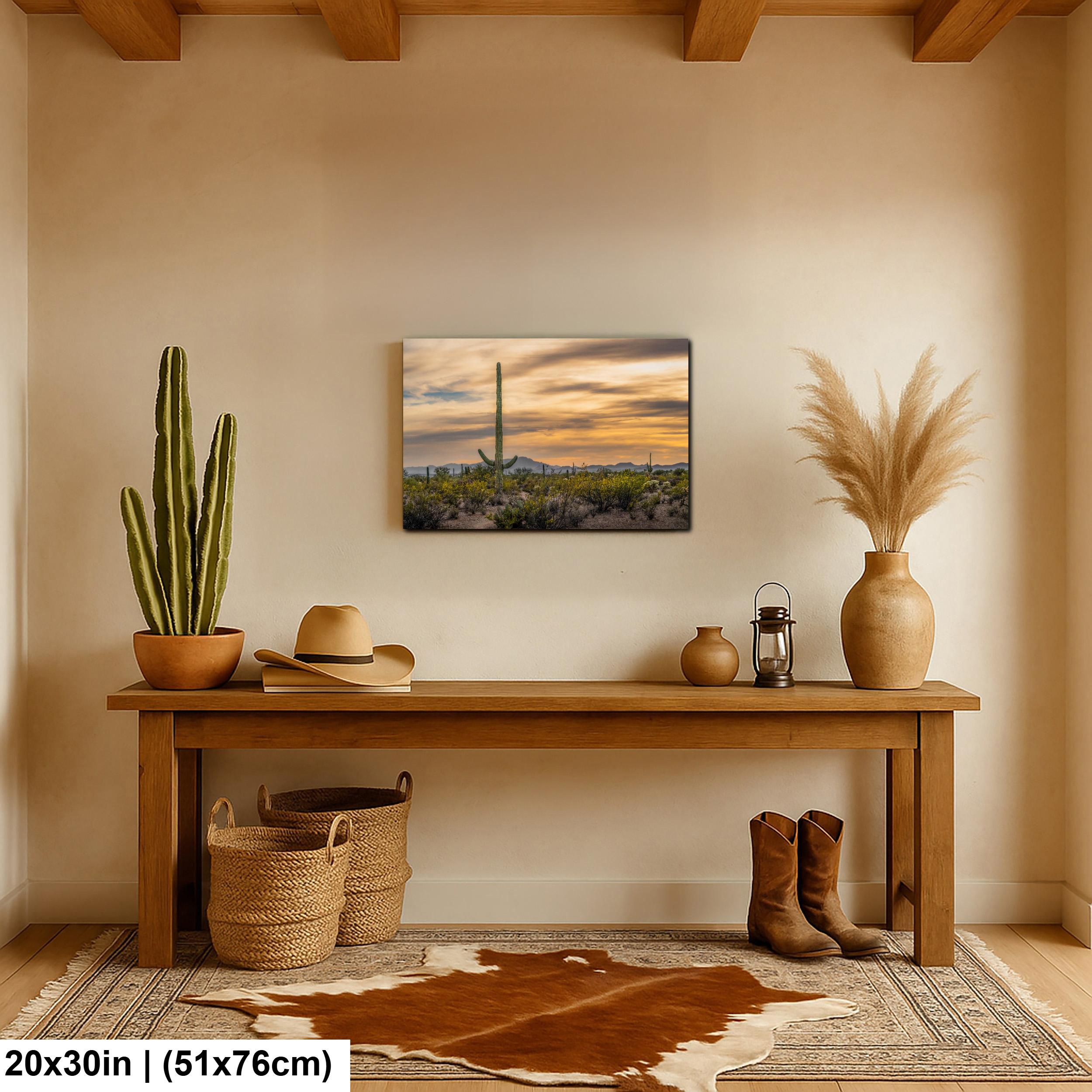 Sonoran Desert Sunset with Saguaro Cactus and Wildflowers Tucson Arizona Photography Print