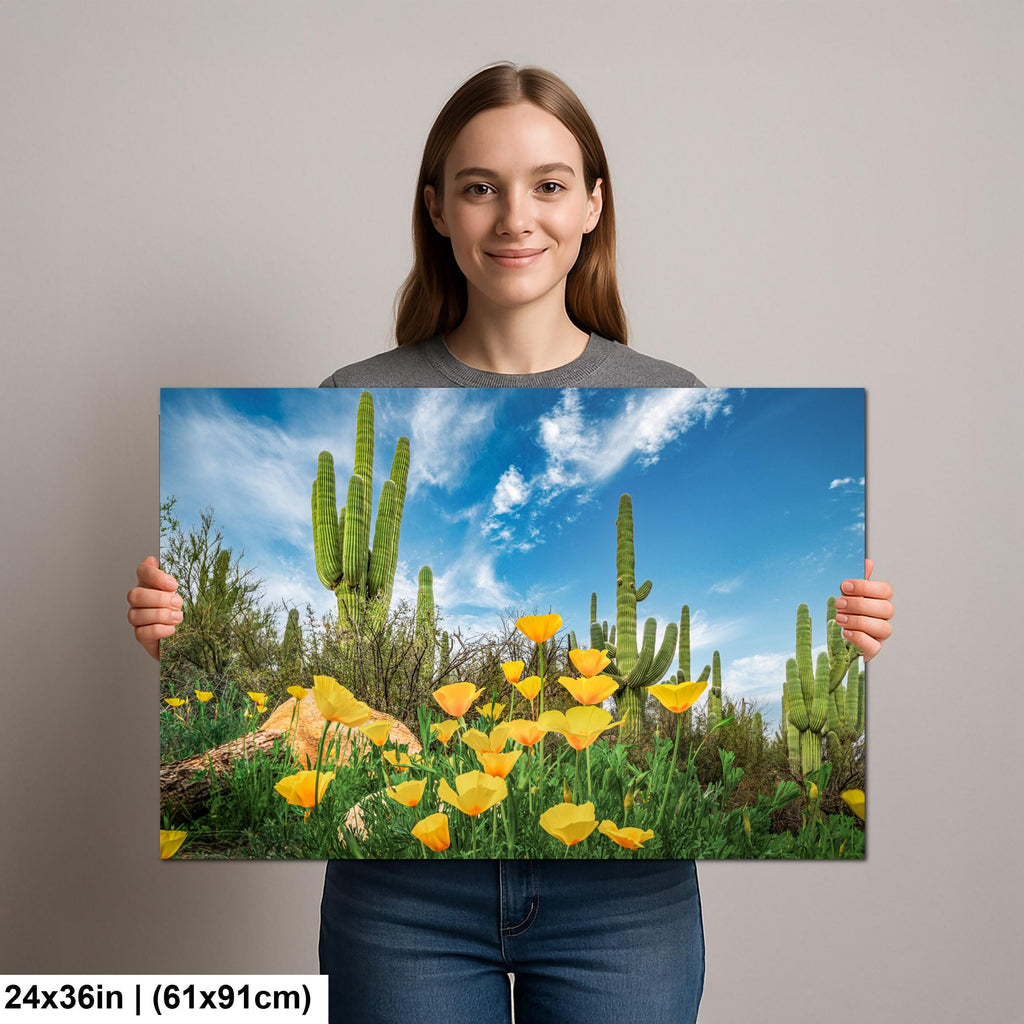 Sonoran Desert Yellow Poppies with Saguaros - Catalina State Park Tucson Arizona Photography Print