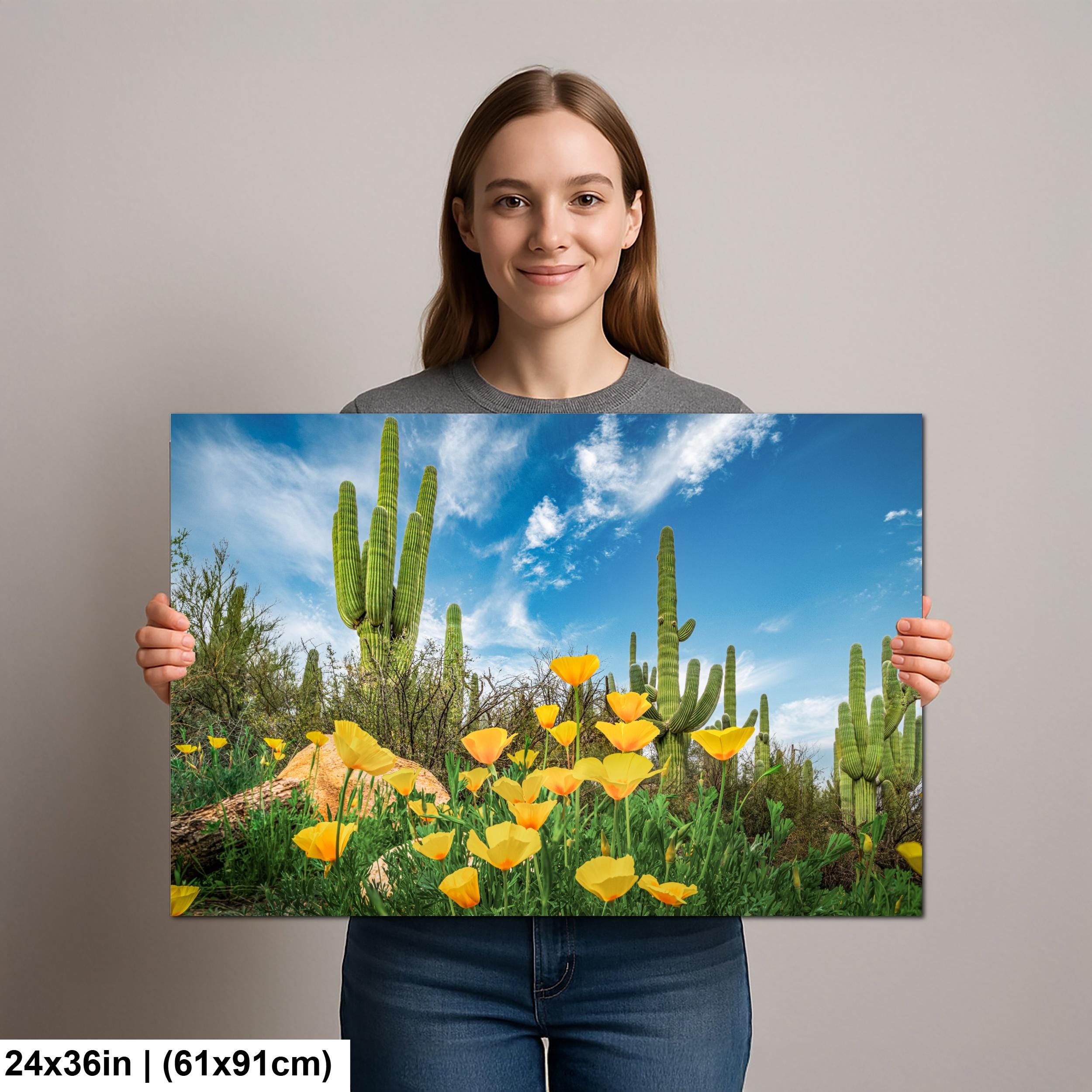 Sonoran Desert Yellow Poppies with Saguaros - Catalina State Park Tucson Arizona Photography Print