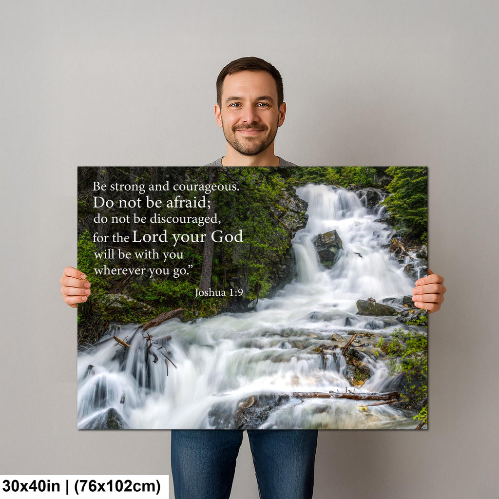 Joshua 1:9 Be Strong and Courageous, Waterfall Photography Print, Christian Scripture Wall Decor for Home or Office