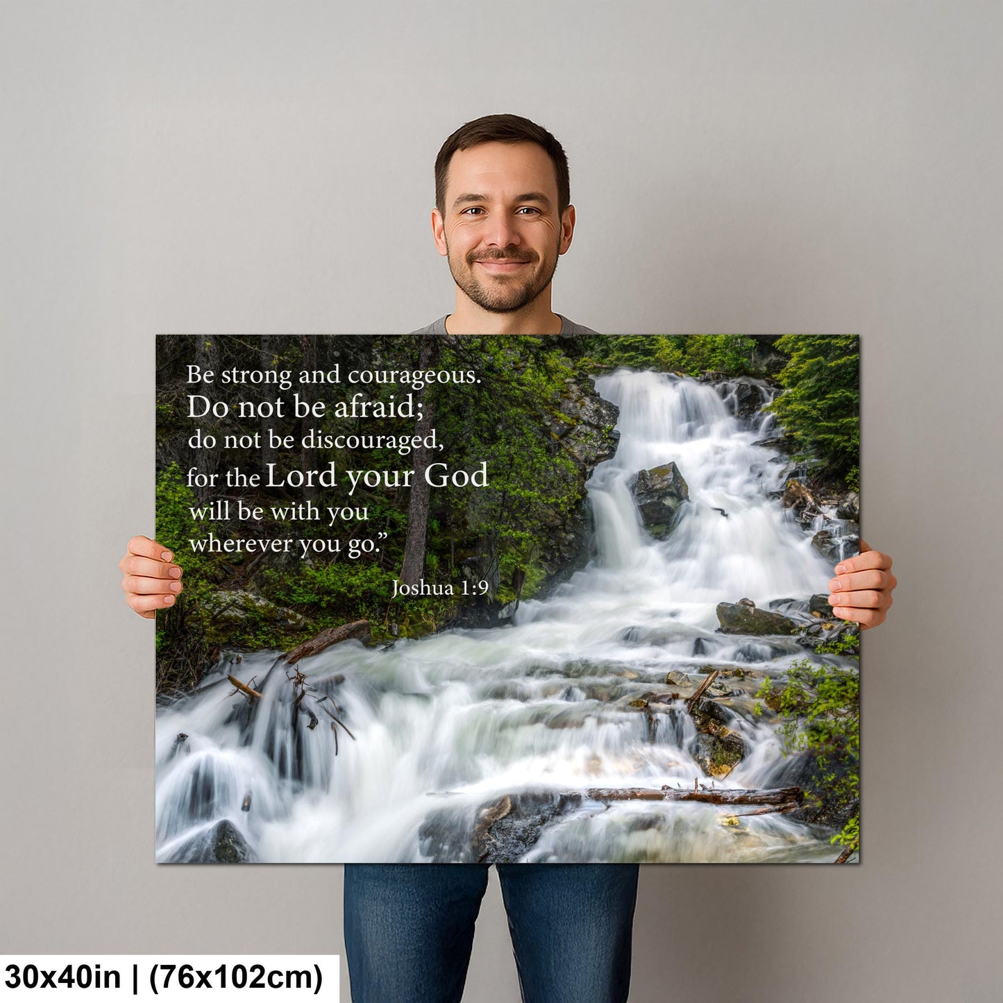 Joshua 1:9 Be Strong and Courageous, Waterfall Photography Print, Christian Scripture Wall Decor for Home or Office
