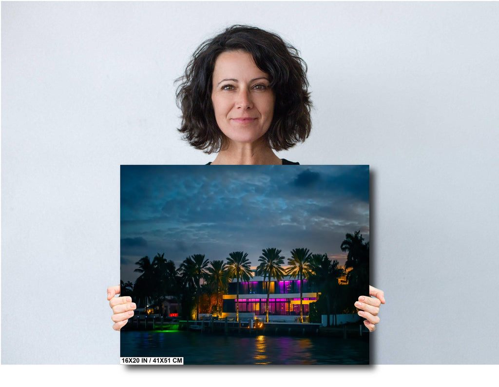 Miami Illuminated Glass House on the Bay at Night: Florida Print Wall Art Sunset Waterfront Photography  Aluminum/Acrylic/Metal/Canvas