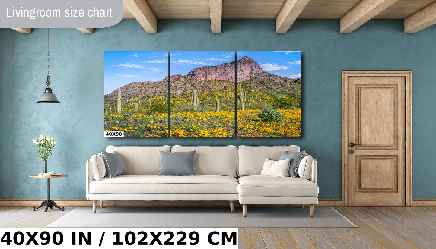 Picacho's Palette: Orange Yellow Poppies Wall Art Picacho Peak State Park Wildflower Metal Acrylic Print Arizona Landscape