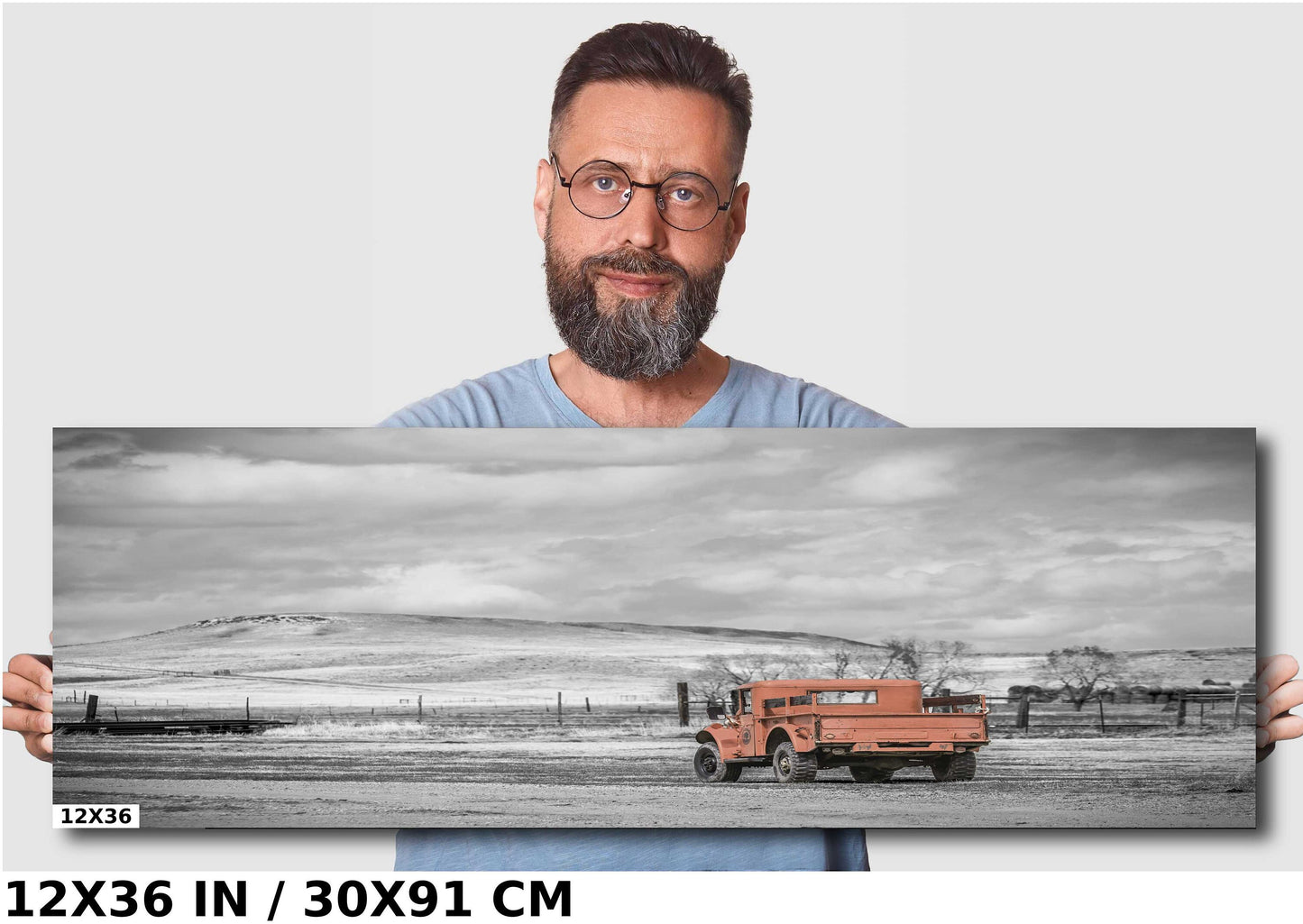 Vintage Red Truck Print: Nostalgic Rural Landscape Photography