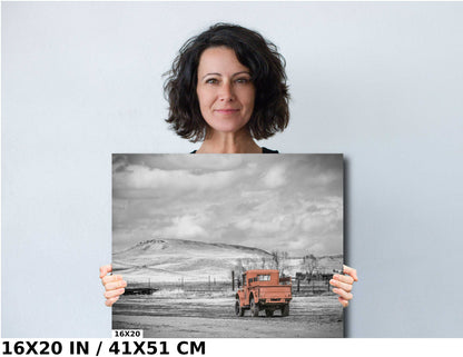 Vintage Red Truck Print: Nostalgic Rural Landscape Photography
