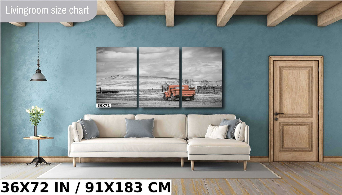 Vintage Red Truck Print: Nostalgic Rural Landscape Photography