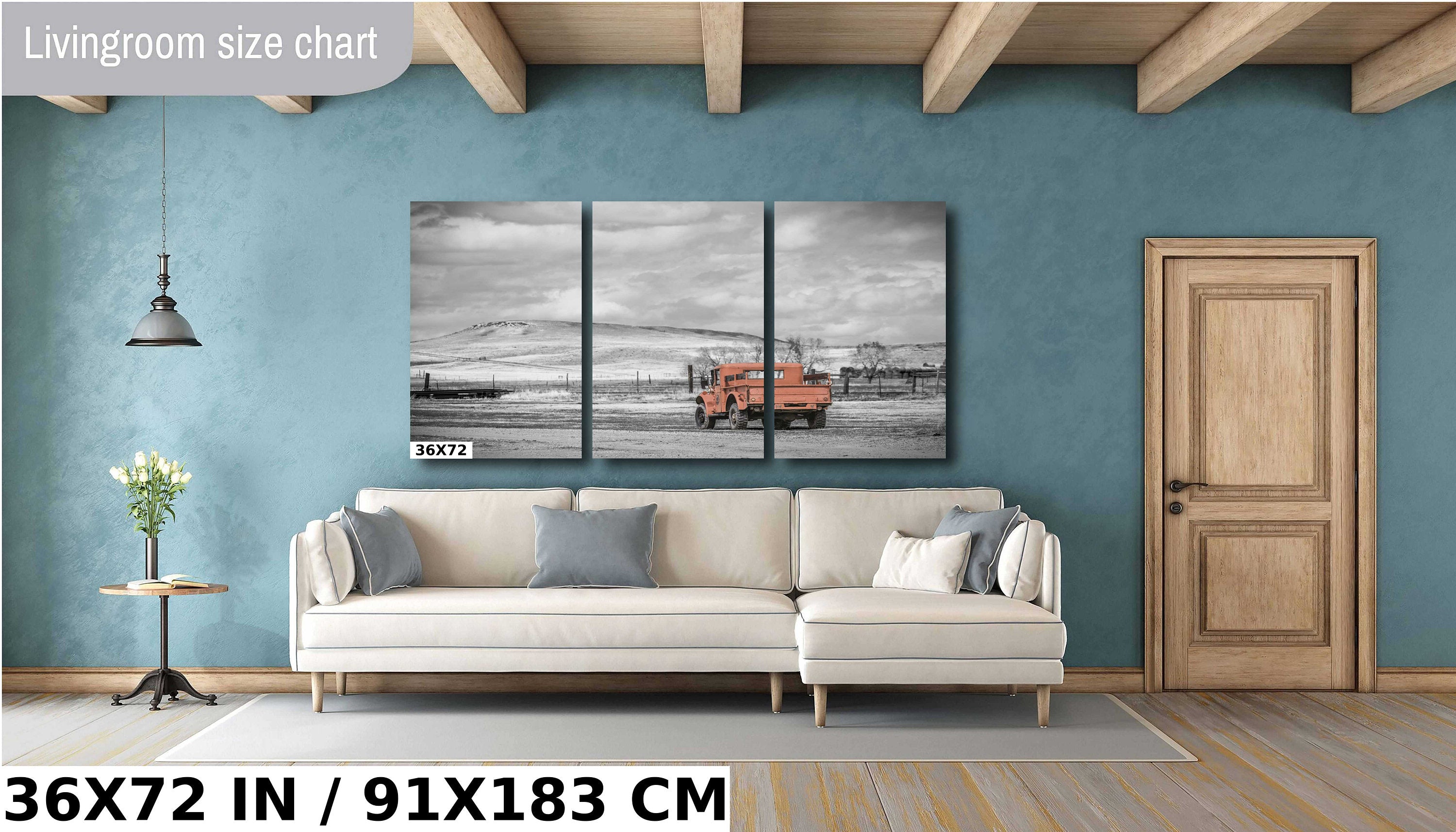 Vintage Red Truck Print: Nostalgic Rural Landscape Photography