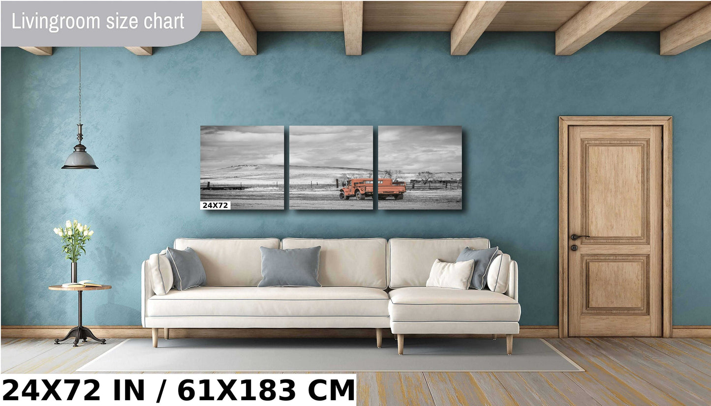 Vintage Red Truck Print: Nostalgic Rural Landscape Photography