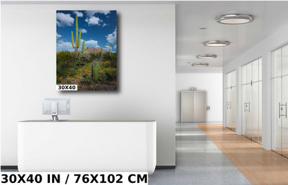 Reach for the Sky: Saguaro Cacti and Wildflowers in Organ Pipe Cactus National Monument Wall Art