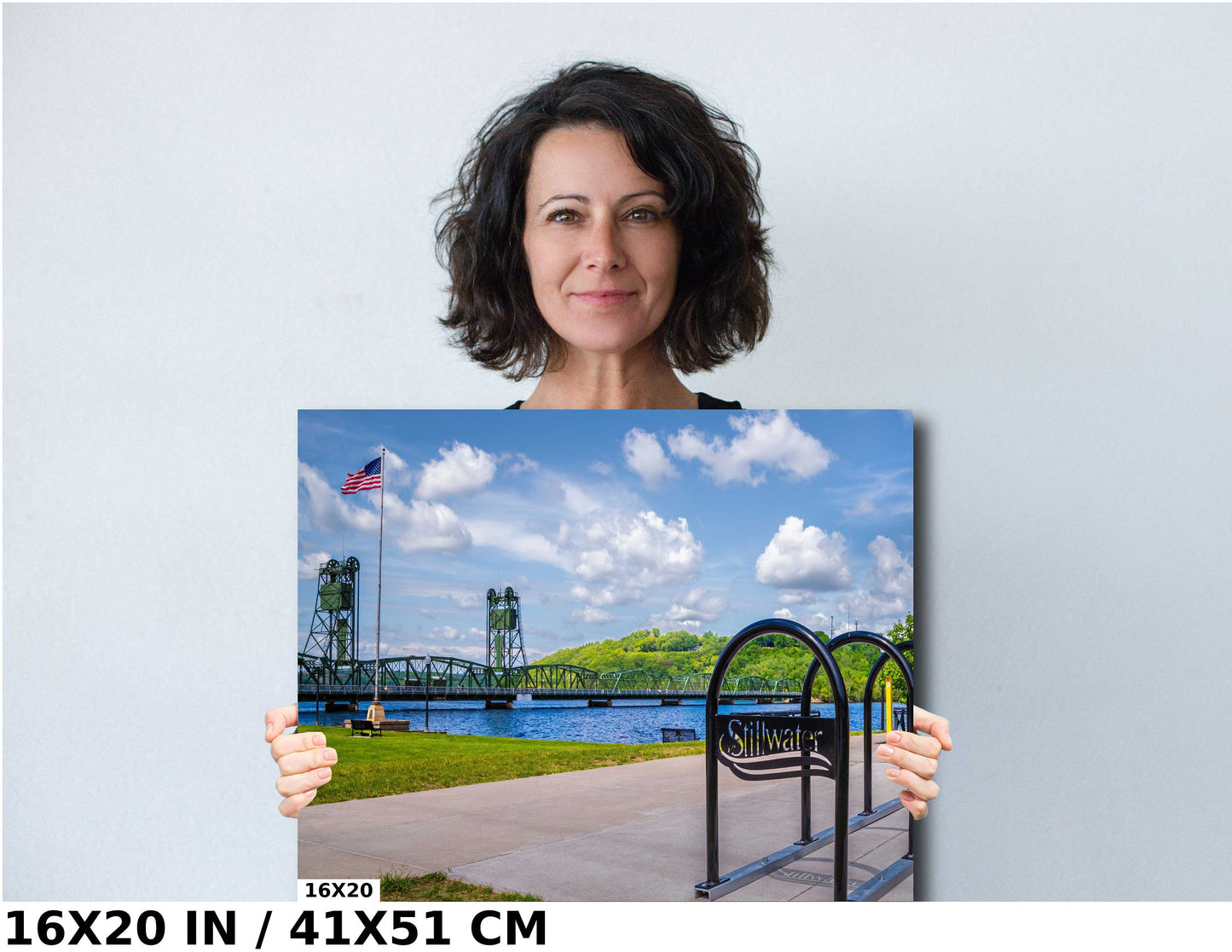Stillwater Lift Bridge US Flag: St Croix River, Minnesota Photography Wall Art