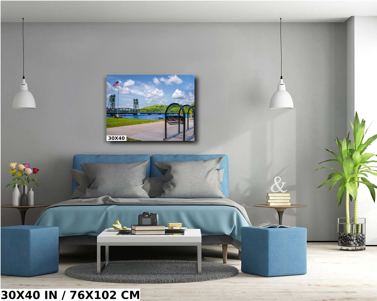 Stillwater Lift Bridge US Flag: St Croix River, Minnesota Photography Wall Art