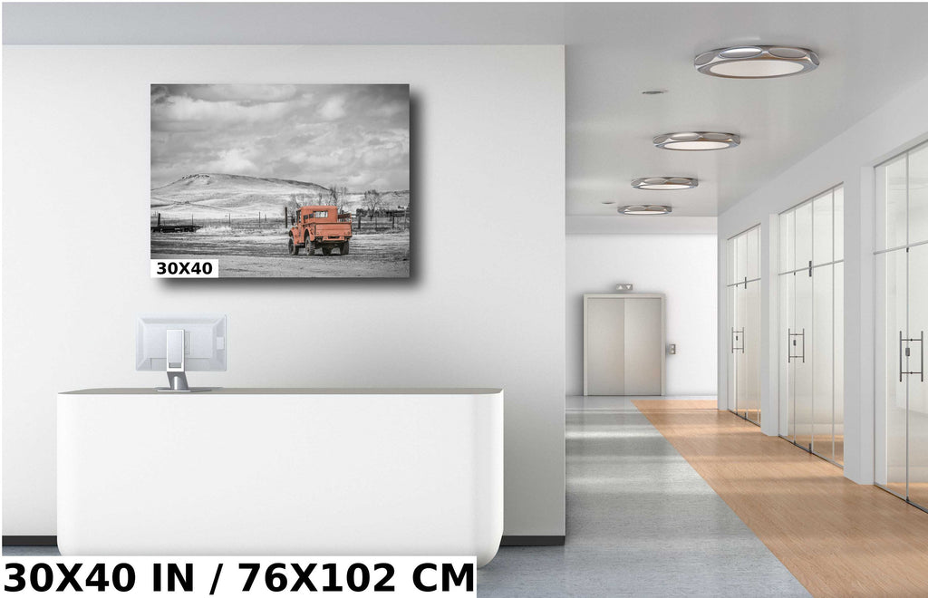 Vintage Red Truck Print: Nostalgic Rural Landscape Photography