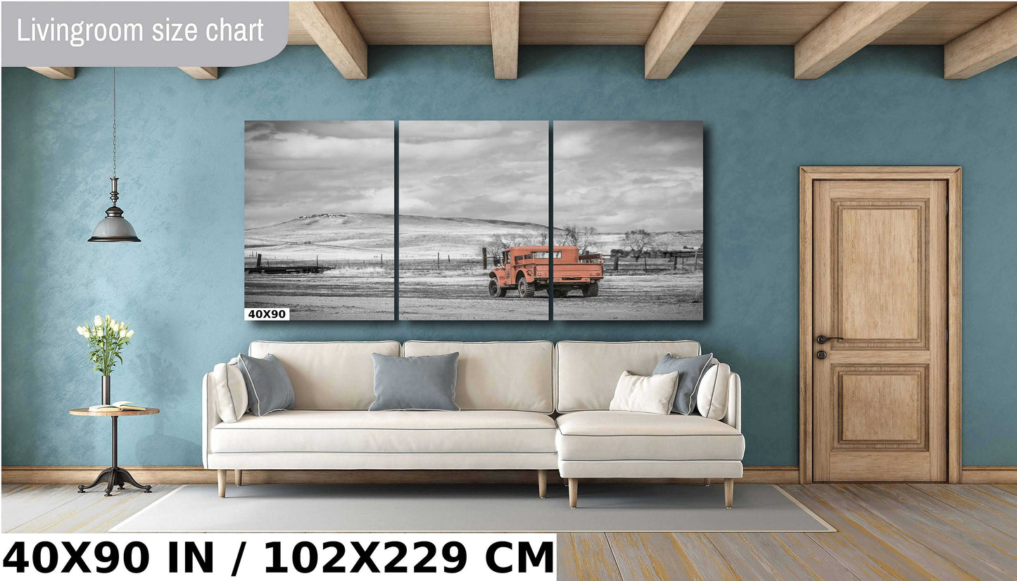 Vintage Red Truck Print: Nostalgic Rural Landscape Photography