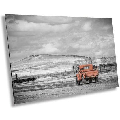 Vintage Red Truck Print: Nostalgic Rural Landscape Photography