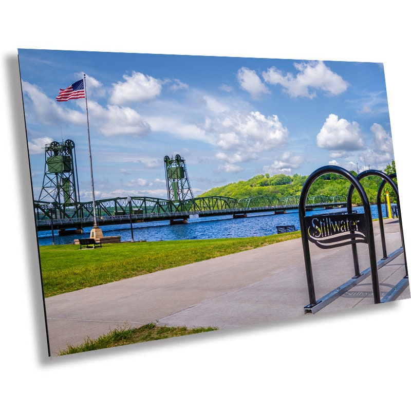 Stillwater Lift Bridge US Flag: St Croix River, Minnesota Photography Wall Art