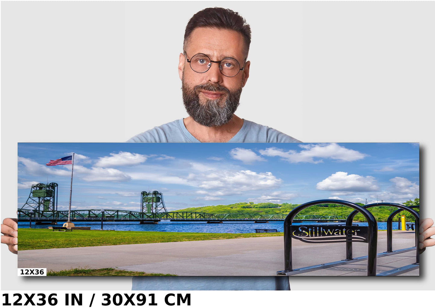 Stillwater Lift Bridge US Flag: St Croix River, Minnesota Photography Wall Art