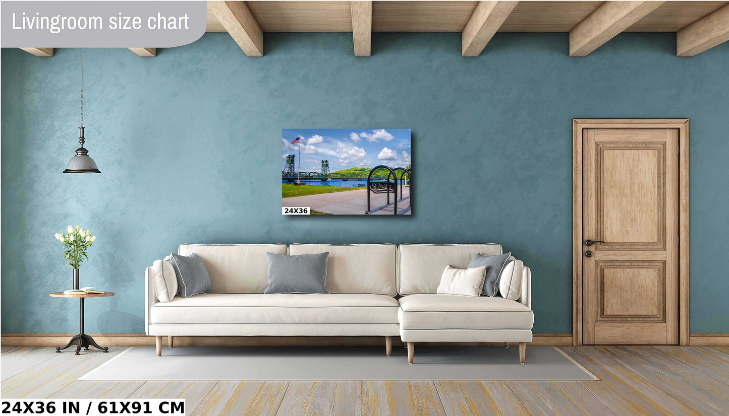 Stillwater Lift Bridge US Flag: St Croix River, Minnesota Photography Wall Art