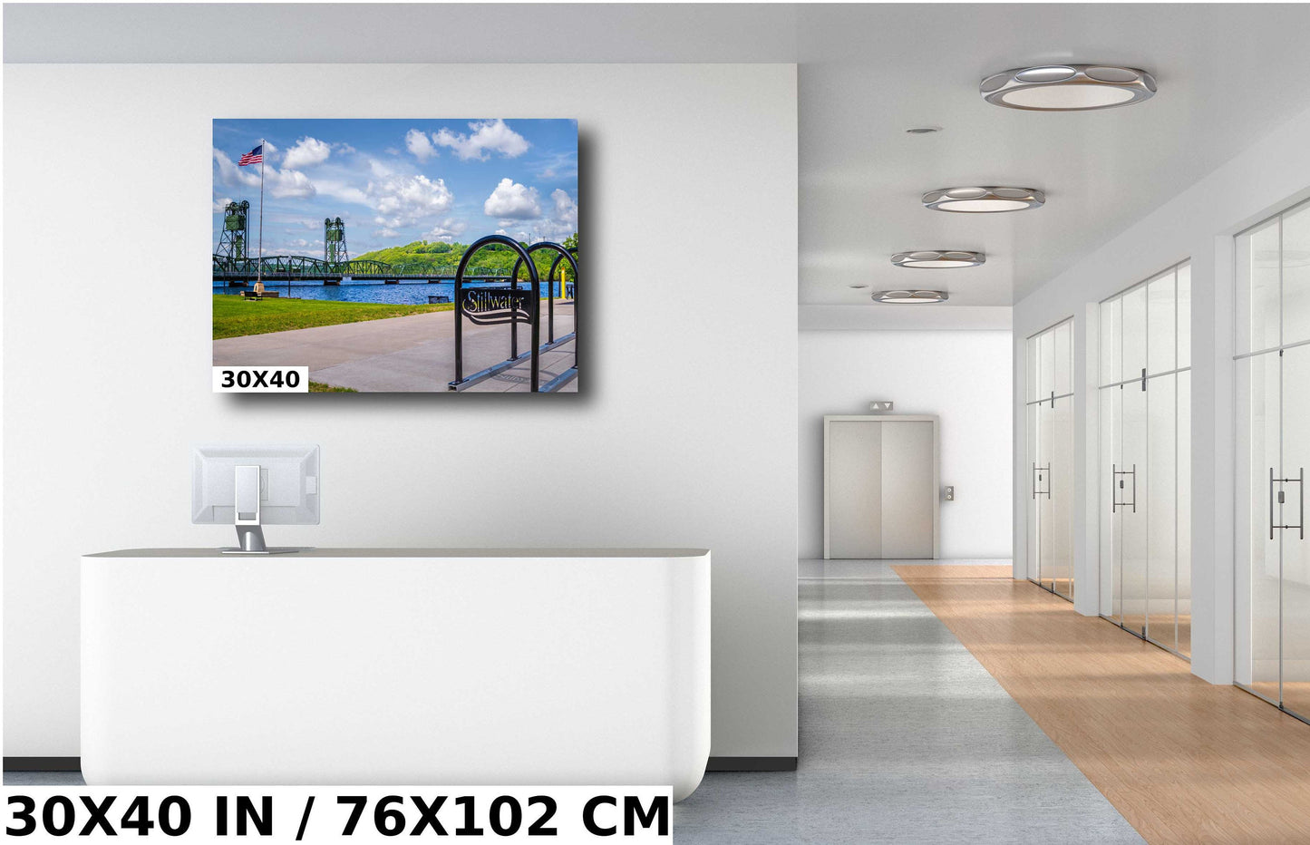 Stillwater Lift Bridge US Flag: St Croix River, Minnesota Photography Wall Art