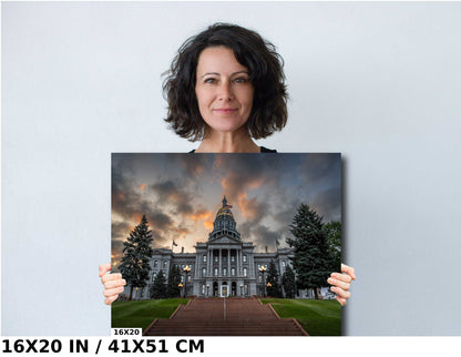 Colorado Capitol Clouds: Denver Colorado State Capitol in a Gloomy Light Architecture Wall Art Metal Canvas Print