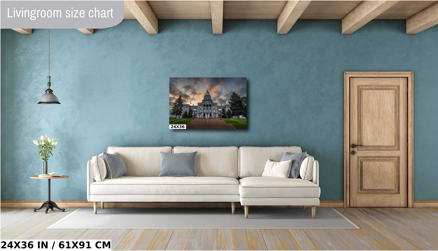 Colorado Capitol Clouds: Denver Colorado State Capitol in a Gloomy Light Architecture Wall Art Metal Canvas Print